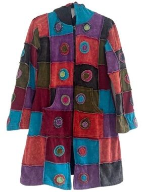KPC Colorful Patchwork Longline Zip Hooded Cardigan Sweater Boho Festival